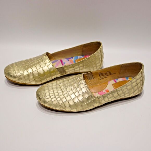 Born Sebra Crocodile Embossed Gold Leather Comfort Flats Loafers Women Size 7M - Picture 2 of 14